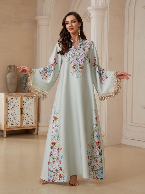 Women's V Neck Printed Tassel Long Robe Elegant Malaysian Clothing Cross Border Elegance SW2615_ecoleips.com