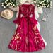 Women's Clothing V Neck Trumpet Sleeve Dress Waist Ruffle Stitching Pleated Elegant Long Skirt_ecoleips.com