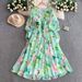Women's Clothing Elegant Floral Print Chiffon V-Neck Maxi Dress With Lantern Sleeves & High Waist For Women - Summer Vacation & Office Wear (Green)_ecoleips.com