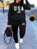Women's Autumn/Winter Hip Hop Casual Street American Flag Pattern Printed Round Neck Sweatshirt+Sweatpants Set-491_ecoleips.com