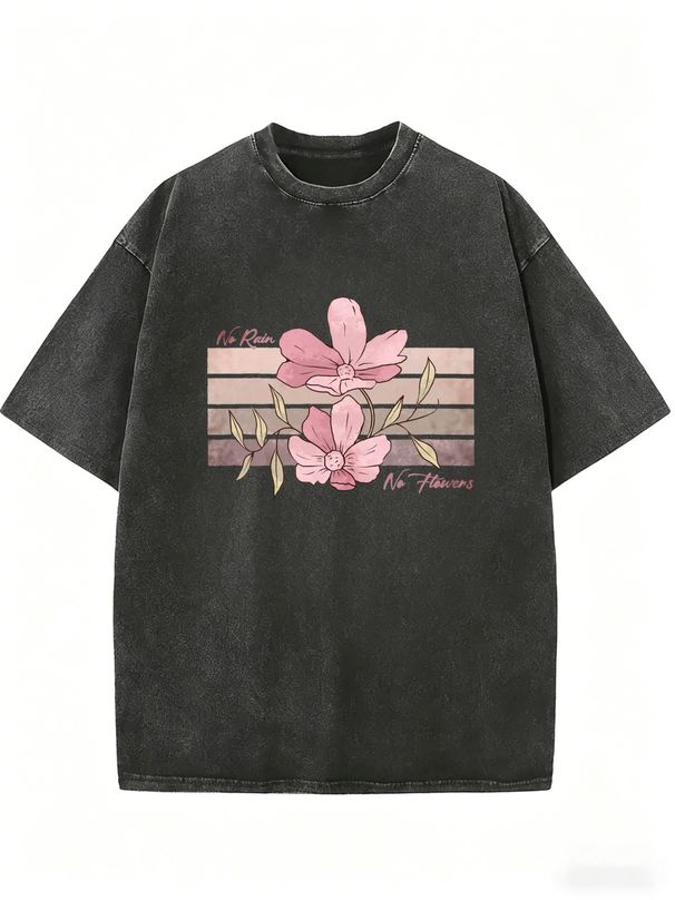 No Rain No Flowers Floral Graphic Washed Oversized T Shirt Women Crew Neck Short Sleeve Loose Vintage Casual Street Tee_ecoleips.com