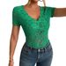 European And American 2025 Spring And Summer New Women's Solid Color Sexy Lace V Neck Short Sleeved Lace Bottoming Shirt_ecoleips.com