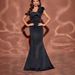 Elegant Off-Shoulder Black Evening Dress With Ruffled Short Sleeves Slim Fit Long Formal Gown For Parties(Polyester Blend, Classic BlackJewel Tones)_ecoleips.com
