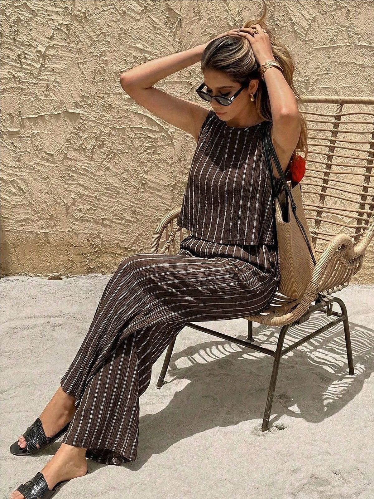 Women's Slimming Stripe Knit Tank And Pants Set Comfortable Summer Lounge Casual Outfit Breathable Two-Piece Coordinated Set_ecoleips.com