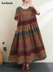 2026 New Summer Cotton Linen Short Sleeve Vintage Striped Print Dresses For Women Long Fashion Dress Elegant Vestidos Robe Femme_ecoleips.com