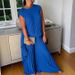 Women's Clothing American Style Round Neck Solid Color Raglan Sleeve Top With Wrinkled Mid Waist Straight Leg Pants Two Piece Set Casual Polyester_ecoleips.com