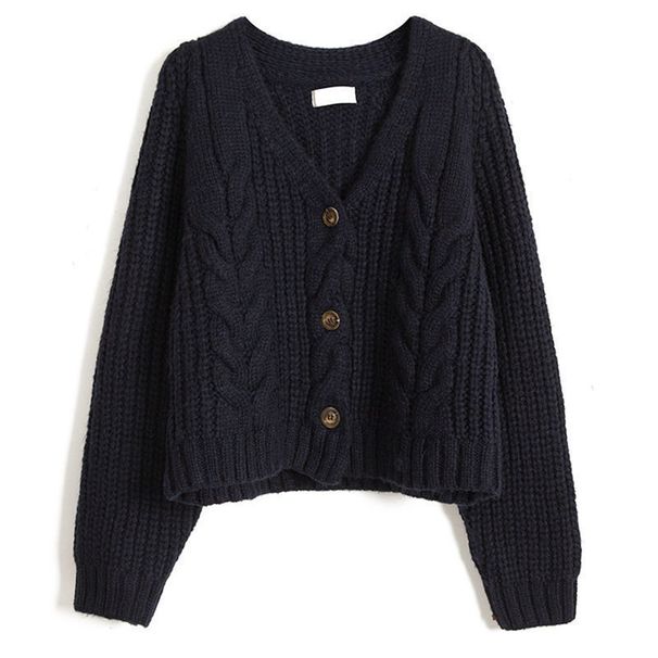 Aria Basics Aria Basics V-Neck Cable Knit Short Solid Color Cardigan Jacket Early Autumn New Cross-Border European And American Versatile_ecoleips.com