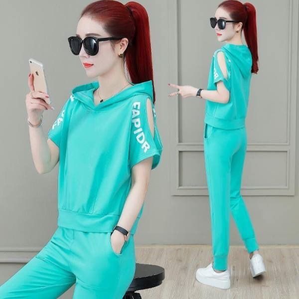 Women's Fashionable Loose Sportswear Set Hooded Short Sleeved Top And Trousers Two Piece Set For Students Summer 2026 Style_ecoleips.com