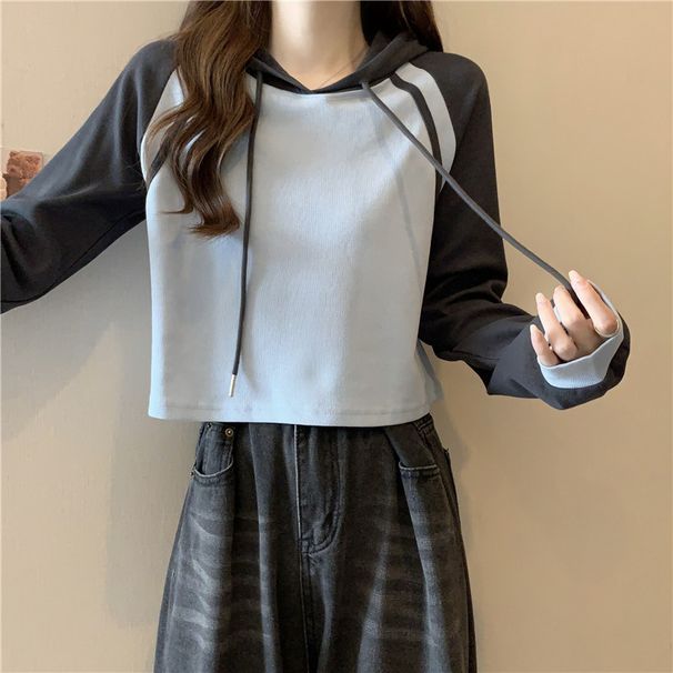 Real Shot Of A Color-blocked Hooded Short Cotton Sweatshirt Petite Women, Thin Design For Spring Autumn, European And_ecoleips.com