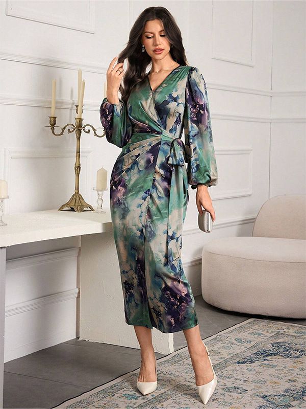 Elegant V Neck Cardigan Dress for Women Slim Fit Print Design Tie Waist Stylish Foreign Trade Wear New Arrival_ecoleips.com