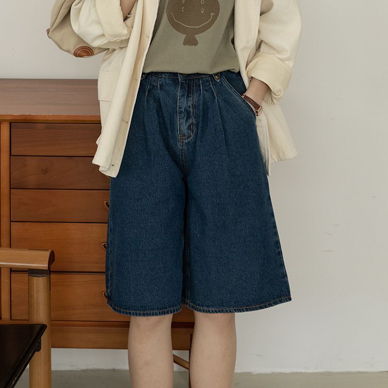 Real Shot Of The 2025 Spring-summer New Japanese Retro Denim Shorts For Women, Loose Fit, Slimming, Washed Wide-leg_ecoleips.com
