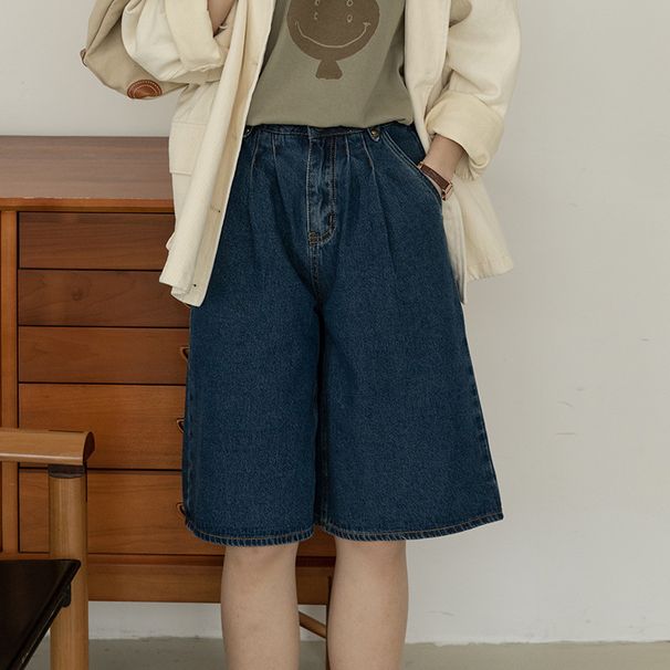 Real Shot Of The 2025 Spring-summer New Japanese Retro Denim Shorts For Women, Loose Fit, Slimming, Washed Wide-leg_ecoleips.com