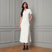 Elegant A-Line Knit Dress for Women with Short Sleeves round Neck Single Button Closure Lace Detailing Flattering Fit_ecoleips.com