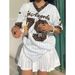 Women's Clothing Sports Style Hot American Retro Jersey Loose Street V Neck Striped Short Sleeved T Shirt Top_ecoleips.com