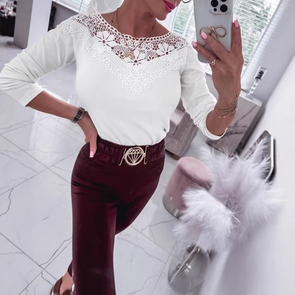 Chic Lace Detail Round Neck Long Sleeve T-Shirt For Women - Stretch Comfort Fit, Versatile Black & White, S-XXL_ecoleips.com
