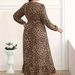 Leopard Print Slit Long Sleeved Dress For Women Trendy European American Fashion Spring_ecoleips.com