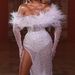 Luxury Wedding Dress Mermaid Strapless One Shoulder Feather Pearl Floor Length High Slit See Through Sexy Wedding Dress_ecoleips.com