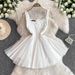 White Dress For Women French Temperament Square Collar Waist Slim Medium And Long Mesh Fairy Dress High End Dress_ecoleips.com