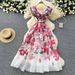 Women's Clothing Elegant Dress Women's Summer Celebrity Style Ruffled V-Neck Tight Waist Slim-Fit Printed Large-Length Dress_ecoleips.com