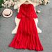 Women's Elegant 3D Floral Pleated Dress - Slim Fit Mid-Sleeve With Waist-Defining Design, Flowy Over-the-Knee Skirt For Summer_ecoleips.com
