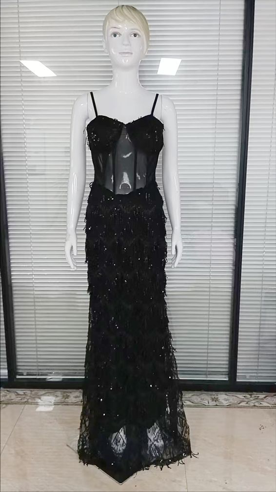 Women's Solid Color Sequin Sexy Suspender Long Skirt Dress Cotton Prom Evening Gown Regular Fit For Spring/Autumn Summer_ecoleips.com
