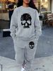 Women's Autumn And Winter Hip-hop Casual Street Fashion Skull Pattern Printed Round Neck Sports Shirt+sports Pants Warm Set-666_ecoleips.com