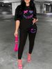 Women's Casual Loose And Fashionable Smiling Face Pattern Printed Loose T-shirt+cropped Pants Two-piece Set Summer Home Sportswear Daily Wear-477_ecoleips.com