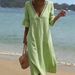 Summer Women's V Neck Dress Solid Color Lace Long Gown American Style Vacation Fashion New_ecoleips.com