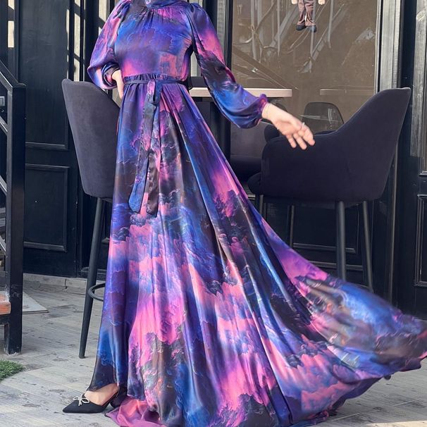 Muslim Dress Women Elegant Eastern Floral Maxi Dress - Breathable Polyester Ankle-Length Dress With Modest Fit For Women_ecoleips.com