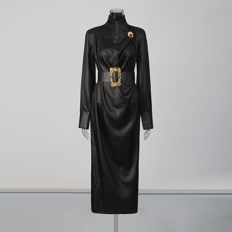 Elegant High-Neck Belted Midi Dress With Metallic Accents - A-Line Vintage-Inspired Formal Dress For Women (Black, Dark Brown)_ecoleips.com