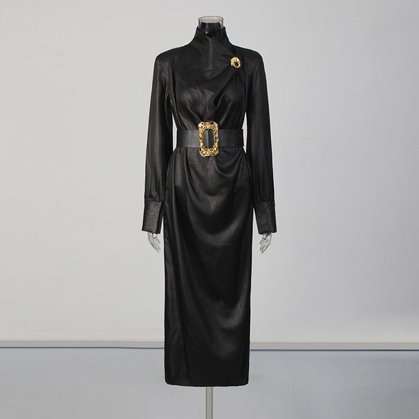 Elegant High-Neck Belted Midi Dress With Metallic Accents - A-Line Vintage-Inspired Formal Dress For Women (Black, Dark Brown)_ecoleips.com