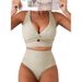 Women's European American Style Textured Bikini Set Front Knotted Top High Waisted Swimsuit Sexy Simple Style For Spring/Autumn Summer_ecoleips.com