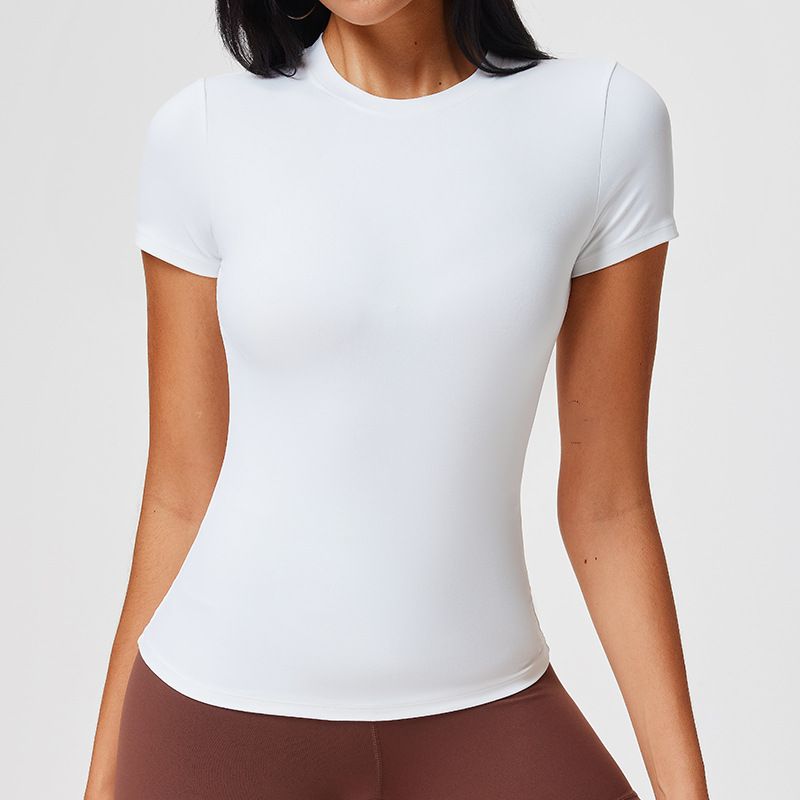 Women's Slim Fit High Elasticity T-Shirt Summer Short Sleeve Straight Shoulder Fitness Sports Yoga Top_ecoleips.com