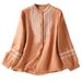 Embroidered Linen Blend Shirt – Long Sleeve Mandarin Collar Blouse (M-XXXL, 85% Cotton + Linen, Boho Embroidery, Relaxed Fit)_ecoleips.com