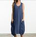 A Large-Sized Loose Cotton And Linen Sleeveless Dress In Solid Color Pocket Midi Dress_ecoleips.com