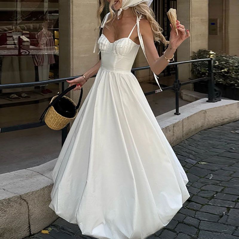 Casual Holiday Sleeveless Camisole Women Dress Fashion Backless Pleated Fluffy Dress White Elegant Off Shoulder Slim Party Dress_ecoleips.com