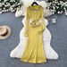 Chic Contrast-Collar Knit Dress – Parisian-Inspired Waist-Defining Elegance (Yellow/Taupe/White/Black, Stretch Blend, Sweet & Sophisticated Style)_ecoleips.com