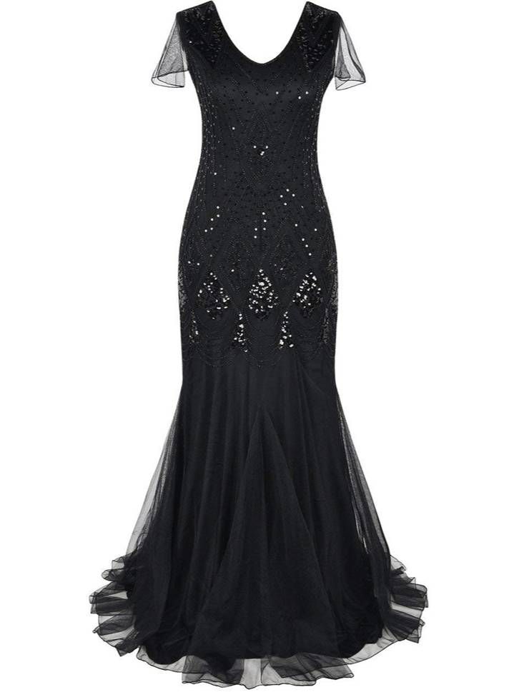 K Retro Sequin Dress Evening Gown For Women, Plus Size Long Party Dress_ecoleips.com