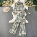 French Retro Print Blouse + High-Waisted Flared Pants Set – Vintage-Inspired Sun Protection Outfit_ecoleips.com