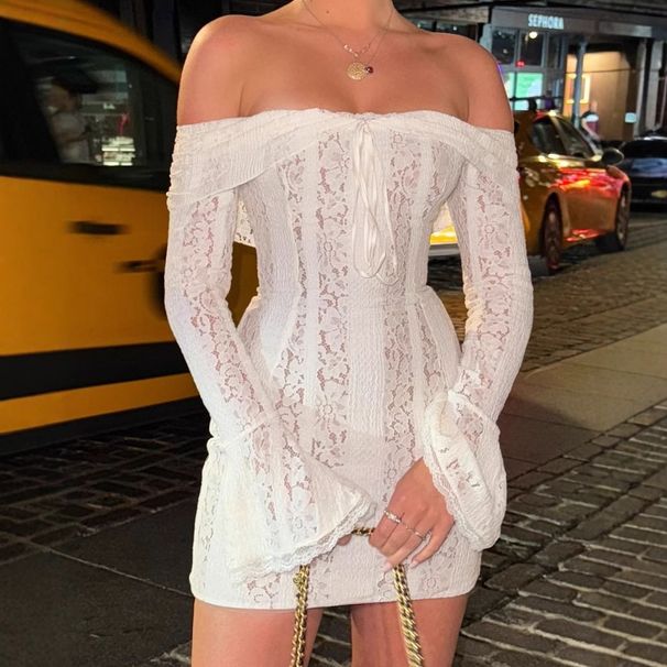 Women's Clothing Women's Sexy Off-Shoulder Lace Dress Summer Strapless High-Waisted Long-Sleeved Bodycon Short Skirt_ecoleips.com
