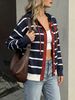 Navy White Stripe Heart Pit Rib Knit Hooded Cardigan, Loose Lightweight Breathable Soft Skin-touch Long Sleeve Drawstring Button Knit Jacket_ecoleips.com