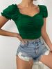 fashion Square Collar Slim Lace Short-sleeved Short T-shirt Pleated Design Pure Color Top_ecoleips.com