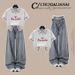 Vintage Cartoon Print Polo Shirt With Lace Trim Jeans - Preppy Style Casual Outfit Set For Women_ecoleips.com