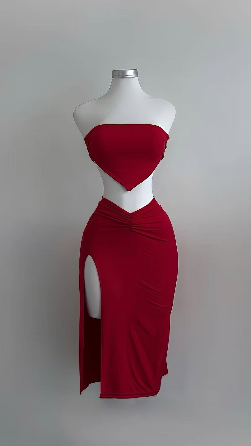 2025 Spring Summer New Sexy Solid Color Two-Piece Set Fashion Trendy Strapless Top Long Skirt Outfit For Women_ecoleips.com