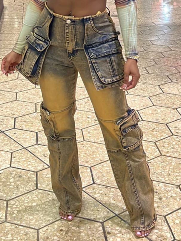 European And American Street Style Patchwork Multi-Pocket Jeans For Women, Trendy Straight-Leg Pants_ecoleips.com