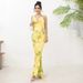Yellow Green Tie Dye Satin Halter Mermaid Maxi Dress, Cowl Neck Backless Ruched High Stretch Bodycon Evening Party Gown_ecoleips.com
