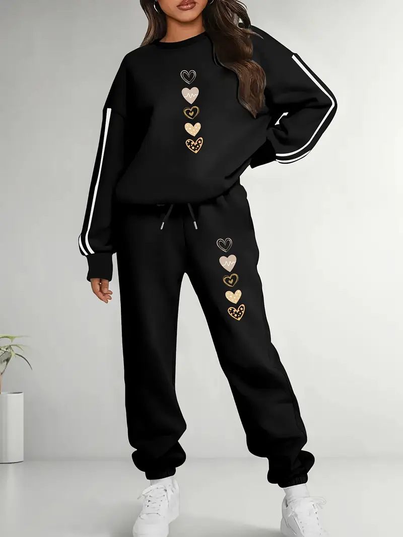 Women's Heart Print Casual Sports Sweatshirt Set European American Style Fashion Print_ecoleips.com