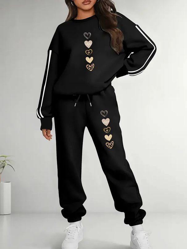 Women's Heart Print Casual Sports Sweatshirt Set European American Style Fashion Print_ecoleips.com