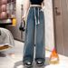 Vintage Plaid Polo-Collar Sweatshirt & Fleece-Lined Drawstring Jeans Set - Cozy Academic Style (Blue/Beige/Grey)_ecoleips.com