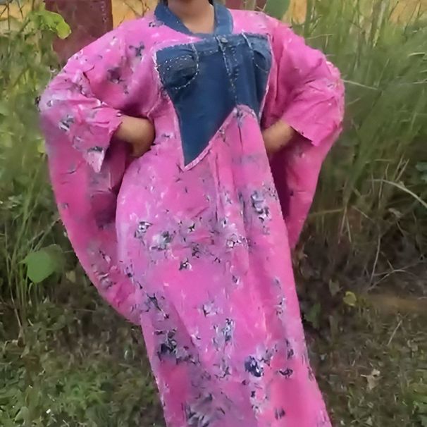 Women's Clothing Plus Size Denim Patchwork Dress With Batwing Sleeves – Elegant Long Robe For Women, Lightweight & Stylish_ecoleips.com